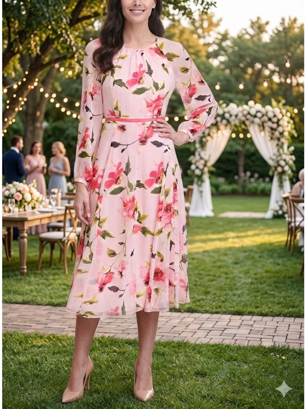 Tommy Hilfiger Pink Floral Midi Dress Size 6 Long Sleeve Chiffon Lined Spring